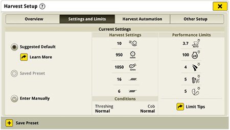 John Deere S7 Series Harvest Automation Display Setting